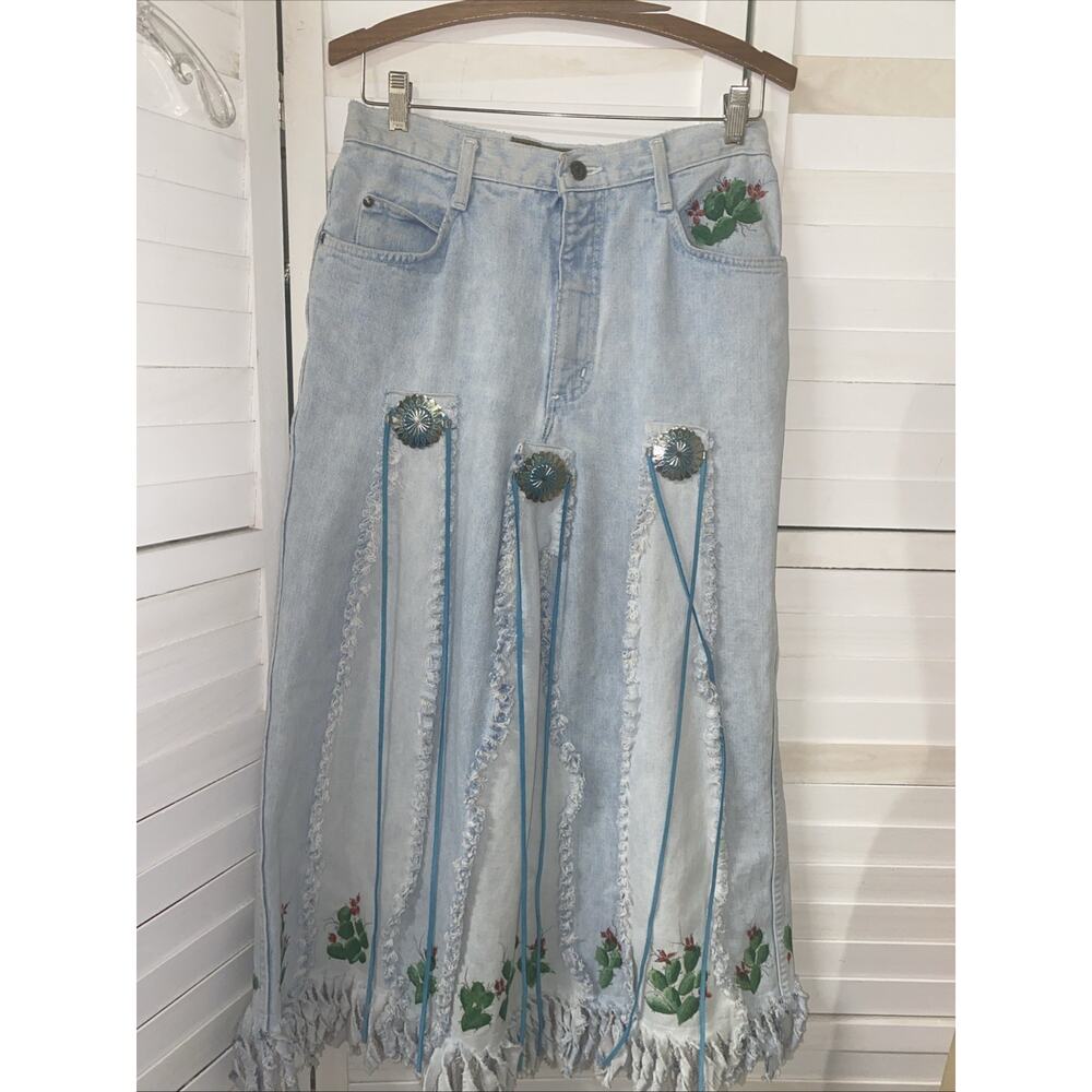 Upcycled Homemade Denim Maxi Skirt Southwest Concha Hand painted Sz Medium